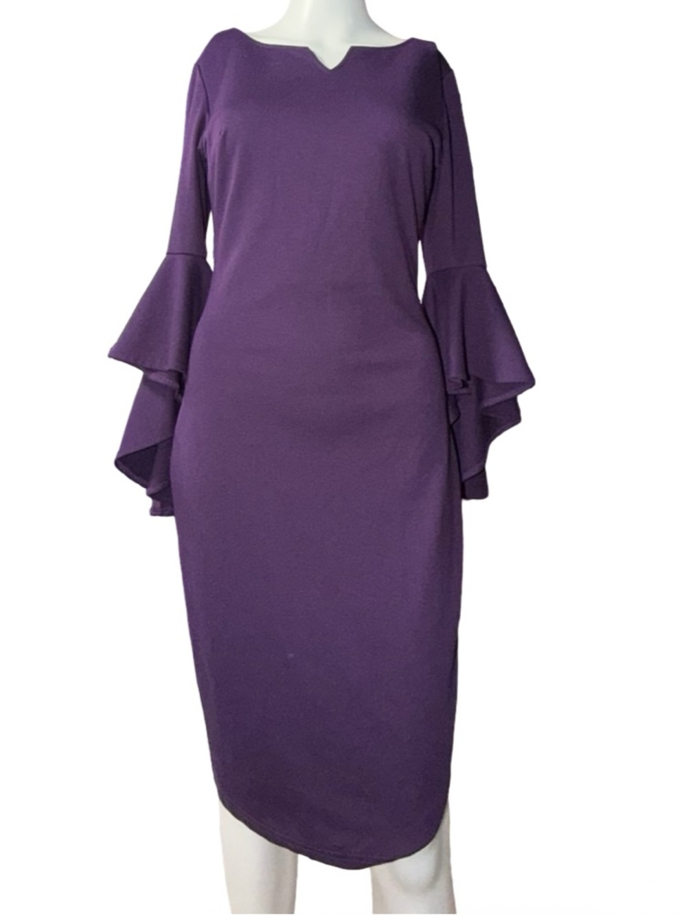 NWOT Vfshow Tiered Bell Sleeve Notch Neck Sheath Dress Plum Purple, 0
